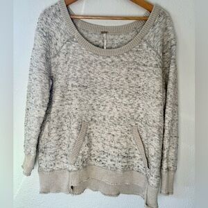 Free People Speckled Oatmeal Grey Oversized Knit Sweater Kangaroo Pocket | XS